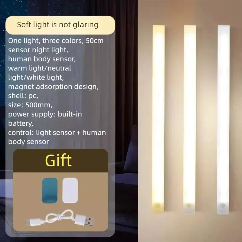 Wireless USB Rechargeable Motion Sensor LED Bar Light Induction Night Light Portable Cordless Magnetic Cabinet Lamp for Kitchen