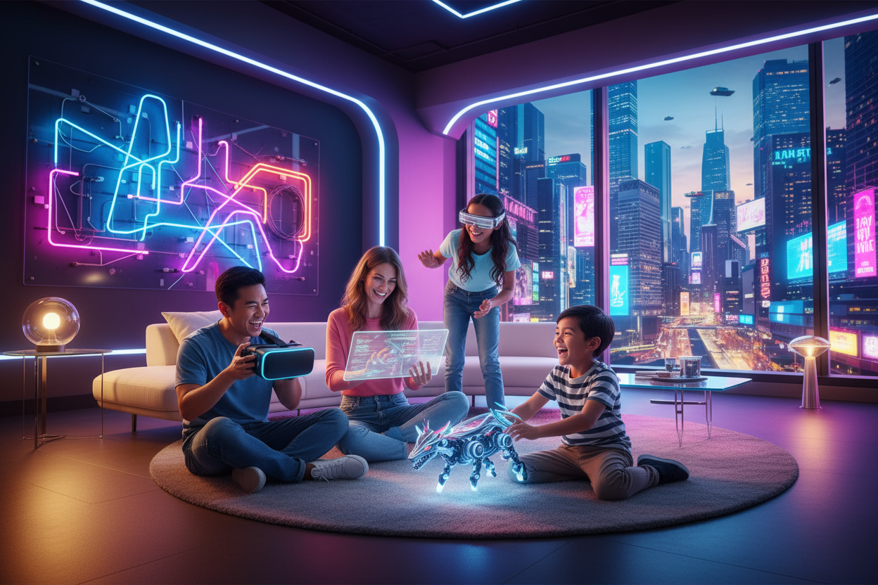 A dynamic, high-energy professional lifestyle photograph of a stylish, diverse modern family of four (father, mother, teenage daughter, young son) in an ultra-modern, vibrant living room. The background is eye-catching and futuristic, featuring a large, glowing abstract art installation on the wall and a panoramic window showing a dazzling cyberpunk cityscape at twilight.

The family is laughing and interacting with cutting-edge, futuristic gadgets:
- **The father** is holding a **next-generation VR gaming 